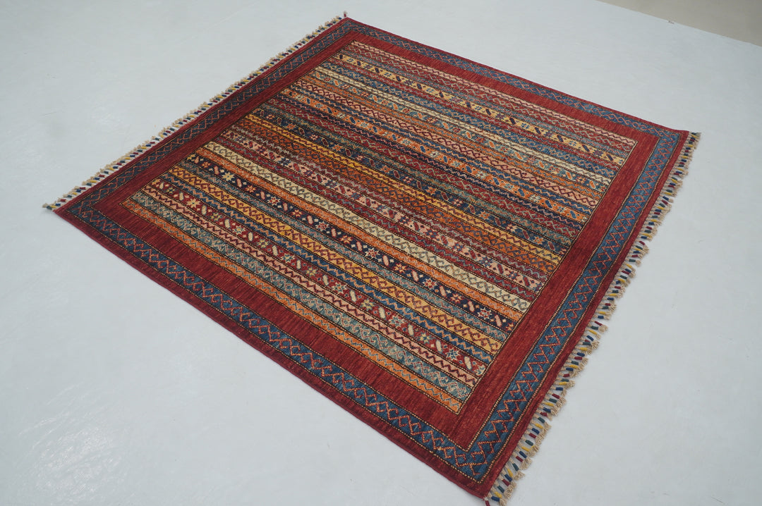 5x5 Red Turkish Shawl Hand knotted Square Rug