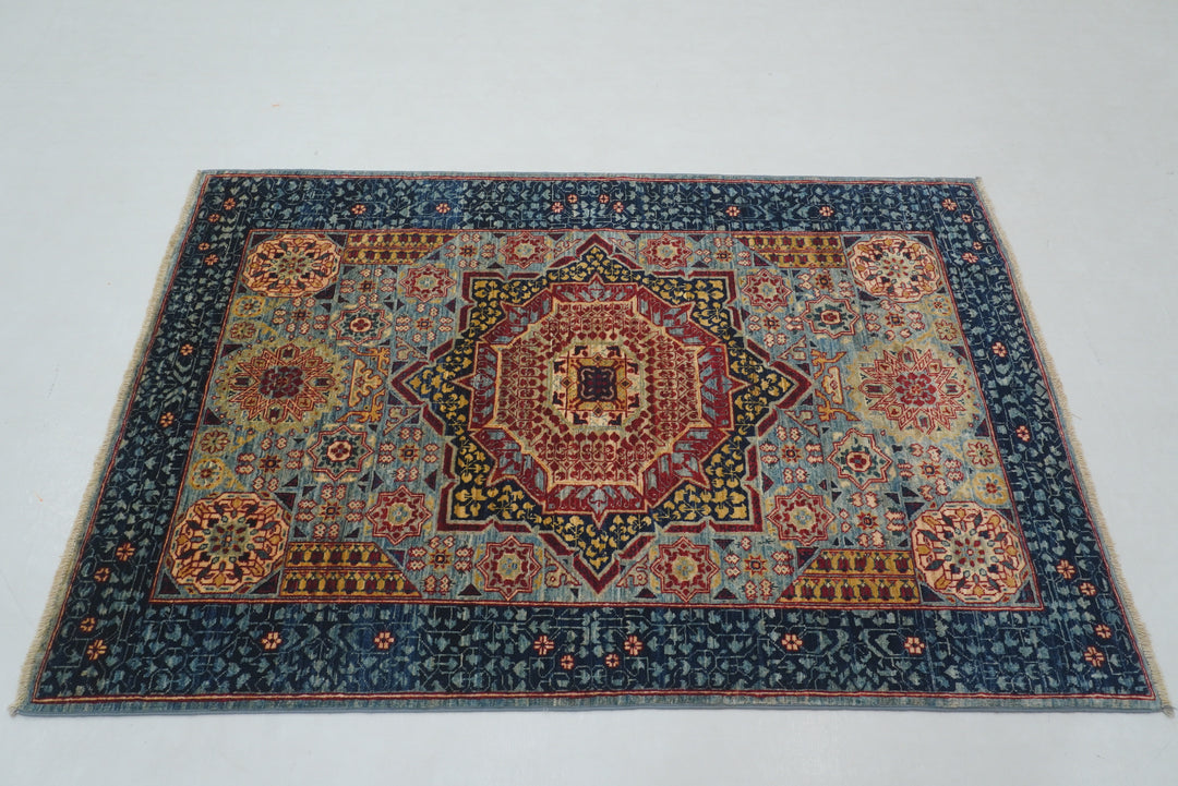 3x5 Blue Turkish Hand knotted Medallion Mamluk Rug