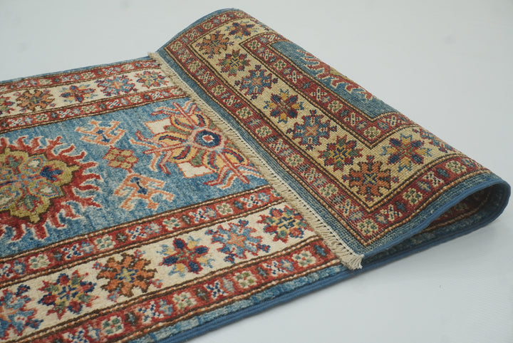 2x3 Blue Kazak Hand-Knotted Afghan Wool Rug - Yildiz Rugs