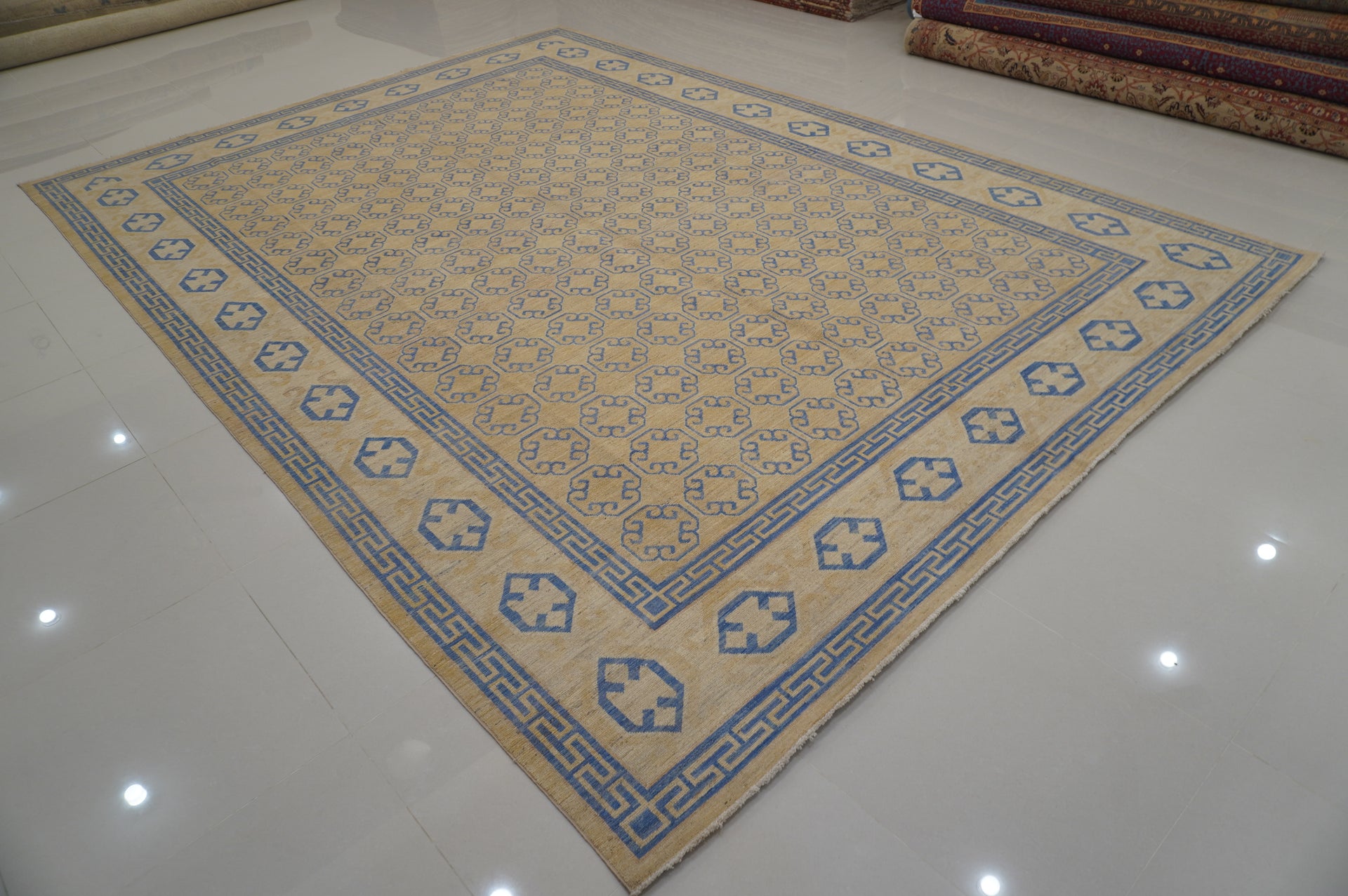 10x14 Beige Khotan Afghan Hand-Knotted Rug