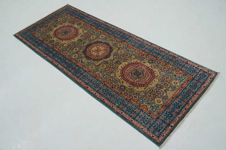 6 ft Green Mamluk Turkish Hand knotted Runner Rug