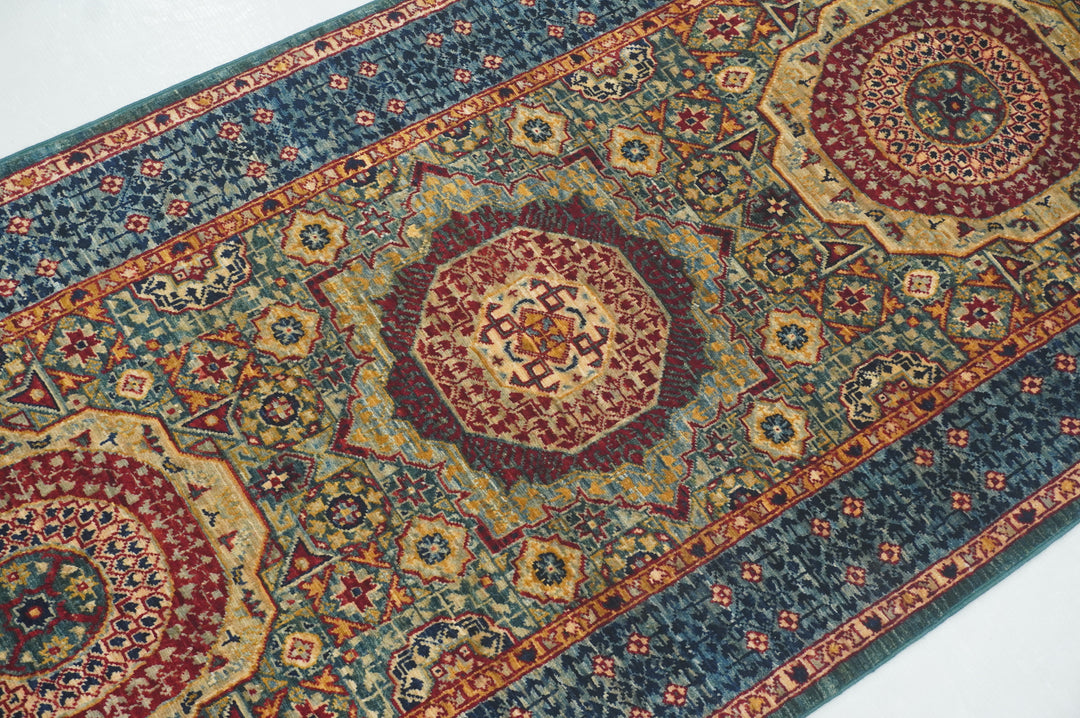 6 ft Green Mamluk Turkish Hand knotted Runner Rug