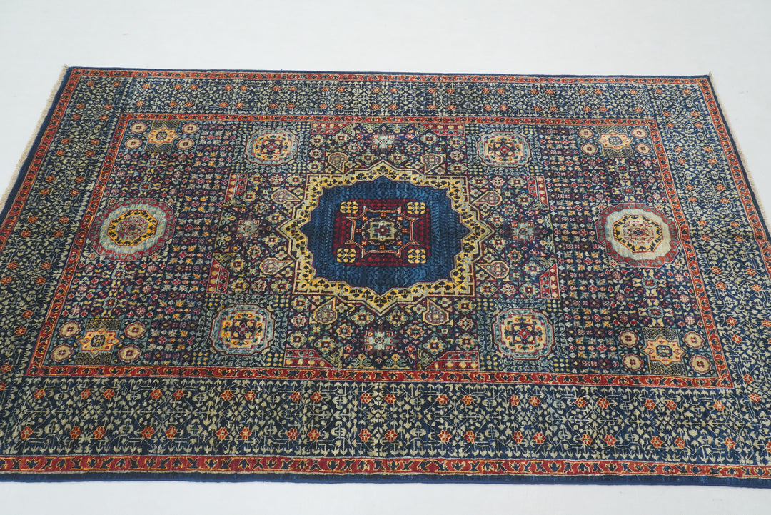 4x6 Navy Blue Turkish Hand Knotted Medallion Rug