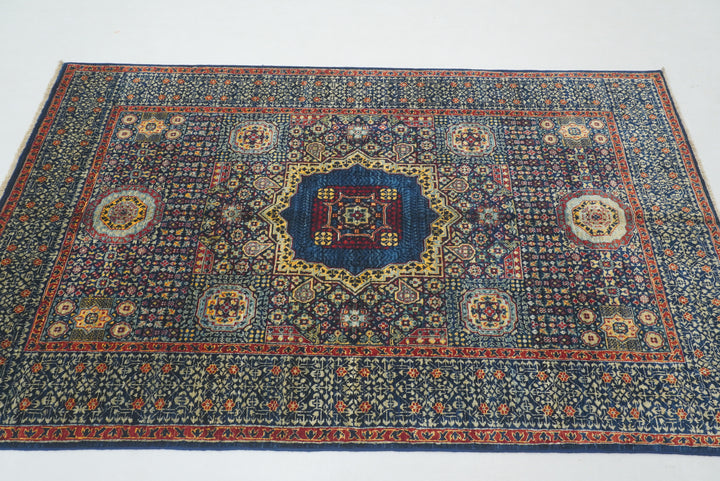 4x6 Navy Blue Turkish Hand Knotted Medallion Rug