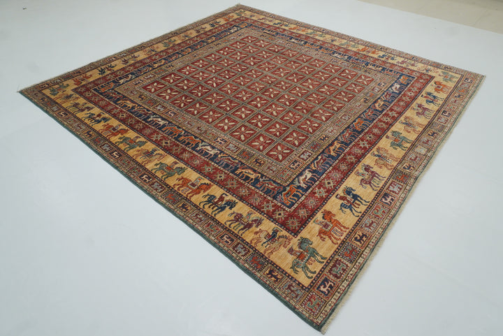 8x8 Red Pazyryk Afghan Hand Knotted Wool Oriental Rug - Yildiz Rugs