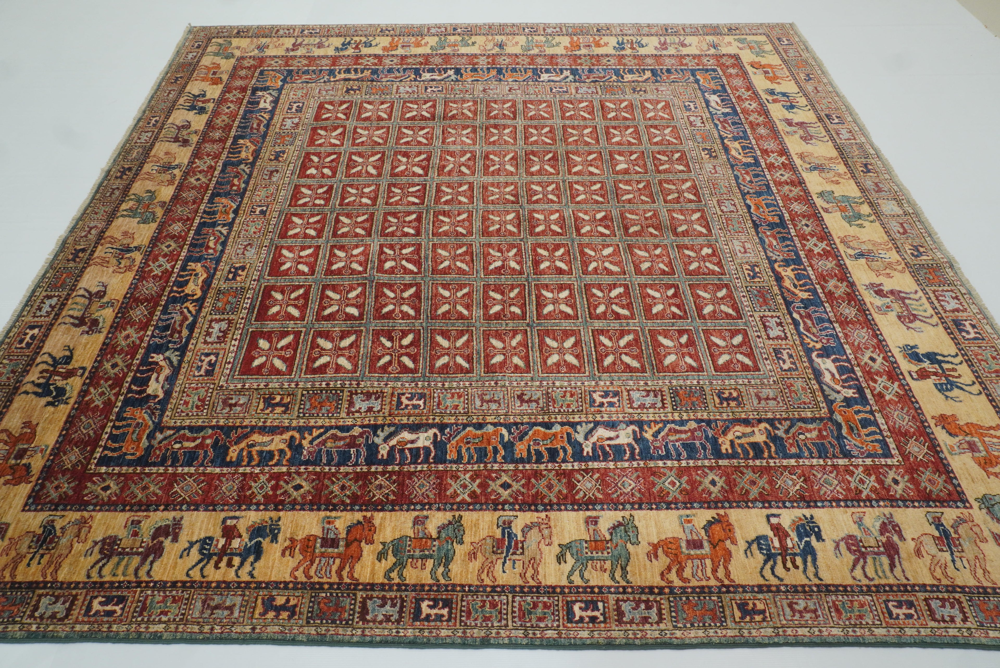 8x8 Red Pazyryk Afghan Hand Knotted Wool Oriental Rug - Yildiz Rugs