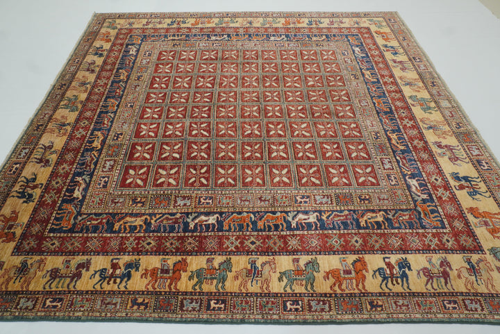 8x8 Red Pazyryk Afghan Hand Knotted Wool Oriental Rug - Yildiz Rugs