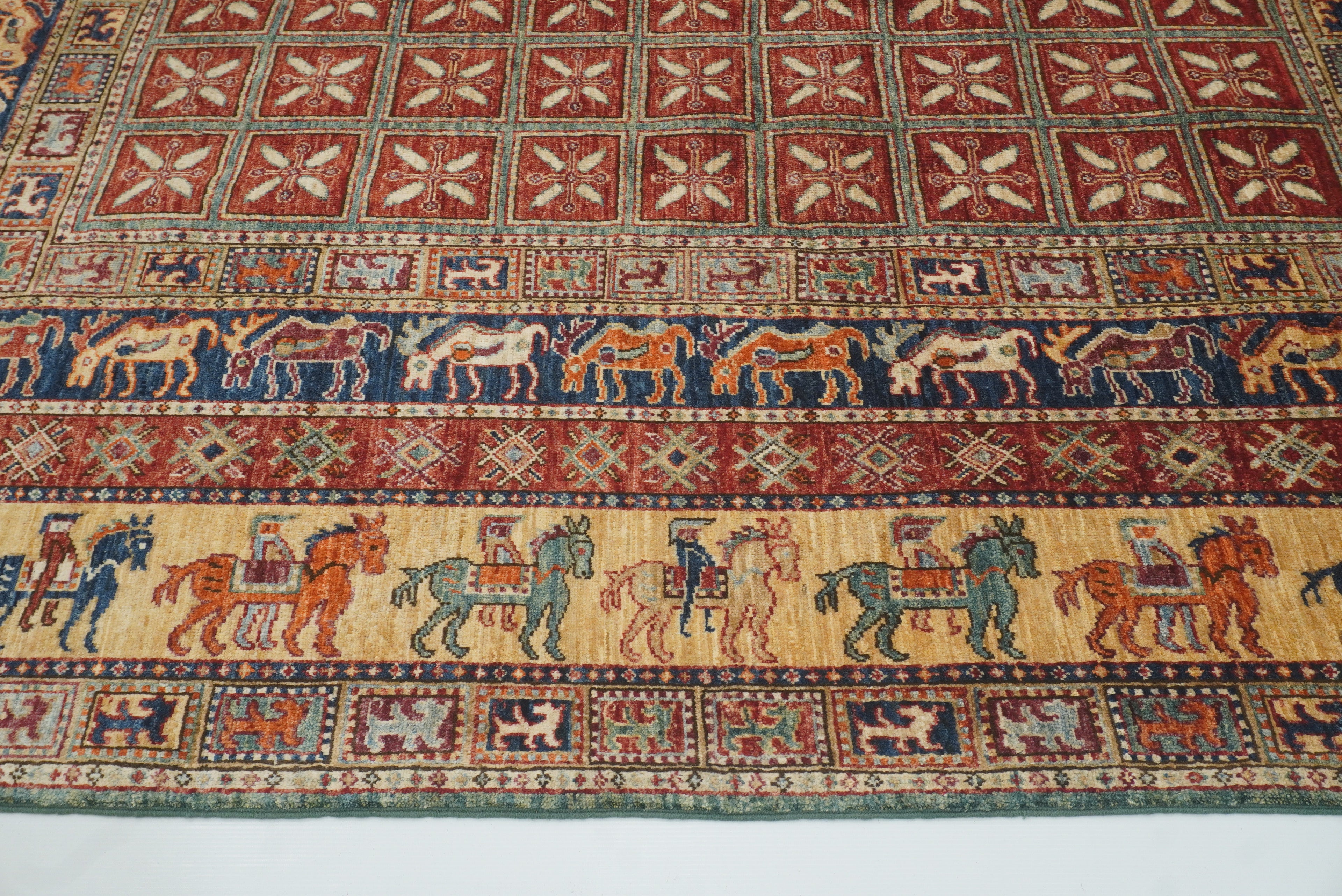 8x8 Red Pazyryk Afghan Hand Knotted Wool Oriental Rug - Yildiz Rugs