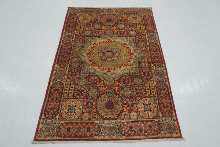 3x5 Red Mamluk Turkish Hand knotted Medallion Rug