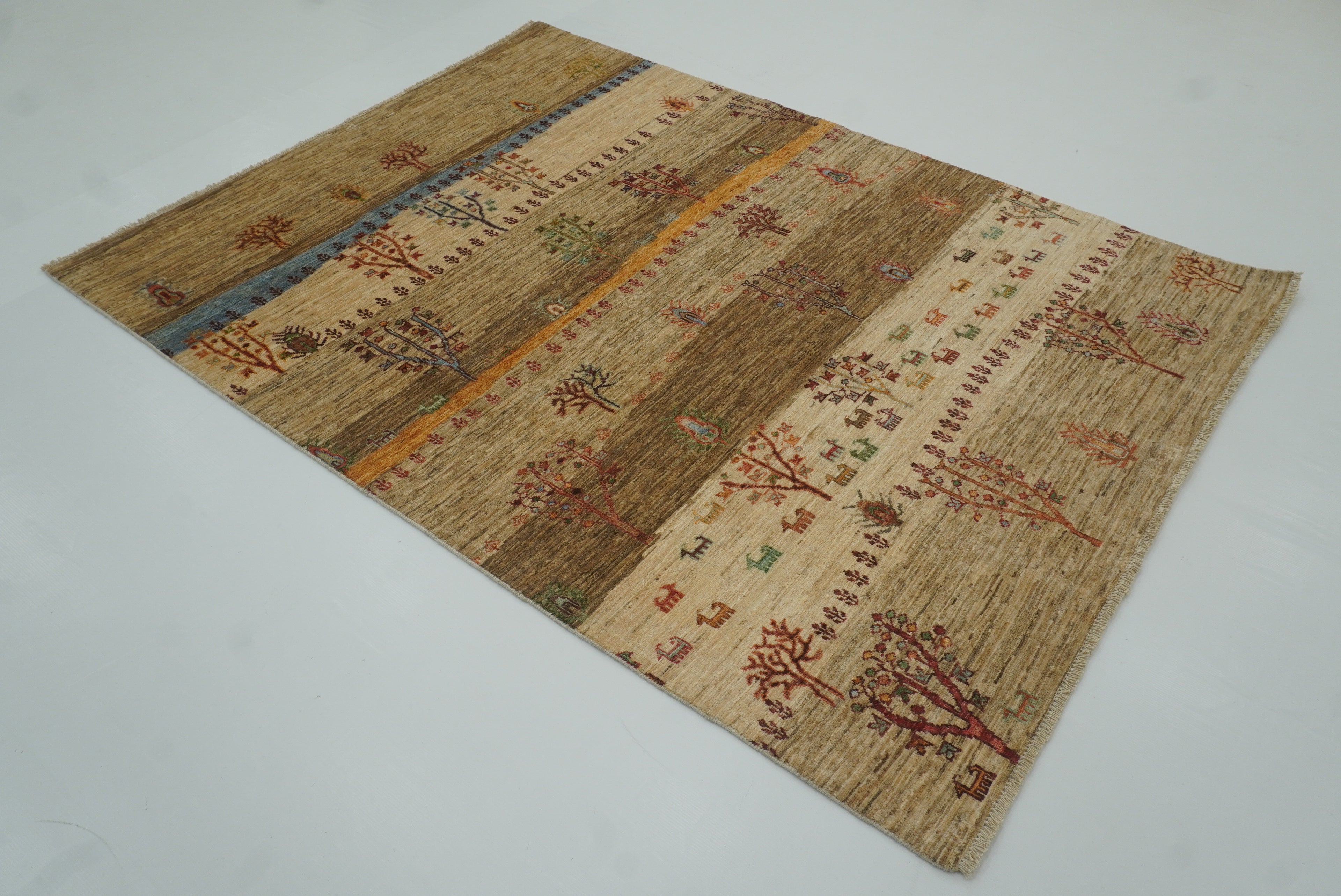 5x7 Beige Gabbeh Tree of Life Hand-Knotted Afghan Wool Rug - Yildiz Rugs