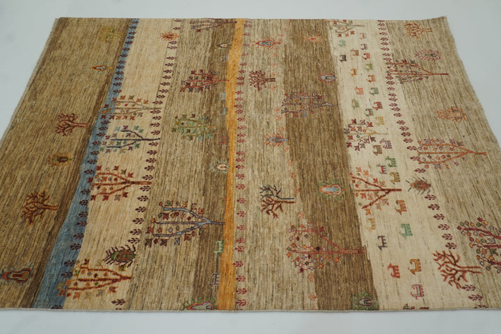 5x7 Beige Gabbeh Tree of Life Hand-Knotted Afghan Wool Rug - Yildiz Rugs