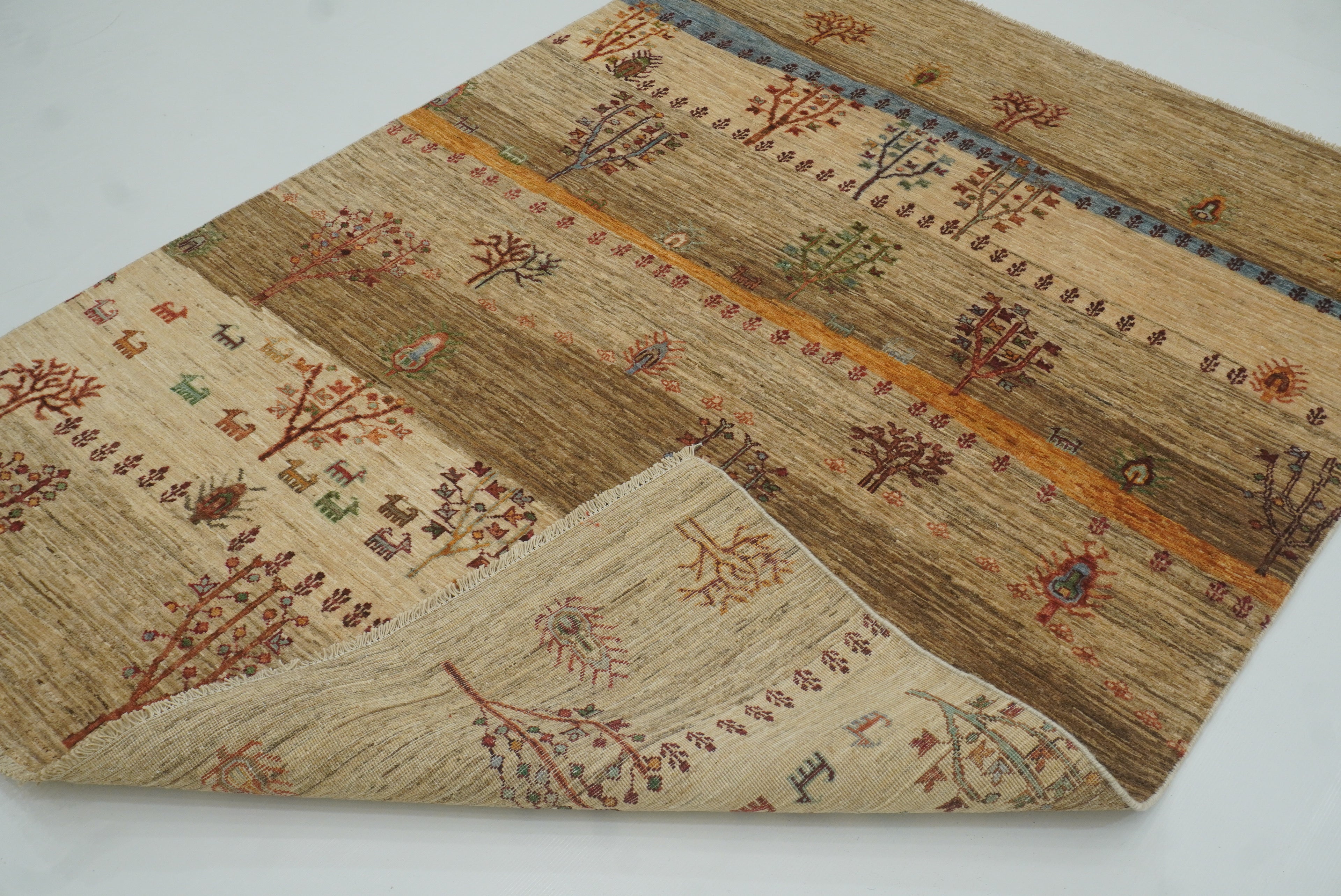 5x7 Beige Gabbeh Tree of Life Hand-Knotted Afghan Wool Rug - Yildiz Rugs