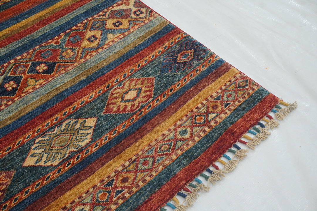 4x6 Multicolor Striped Tribal Afghan Hand knotted Rug