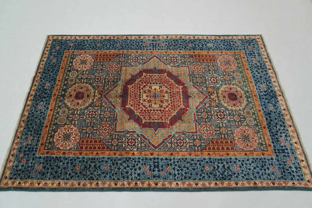 4x6 Green Mamluk Turkish Hand Knotted Medallion Rug