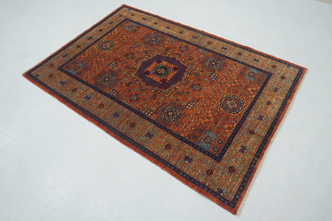 4x6 Orange Mamluk Turkish Hand Knotted Medallion Rug