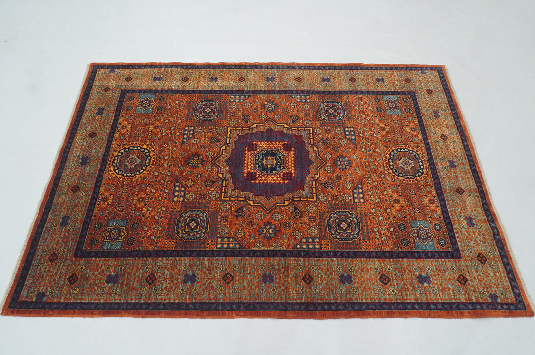 4x6 Orange Mamluk Turkish Hand Knotted Medallion Rug