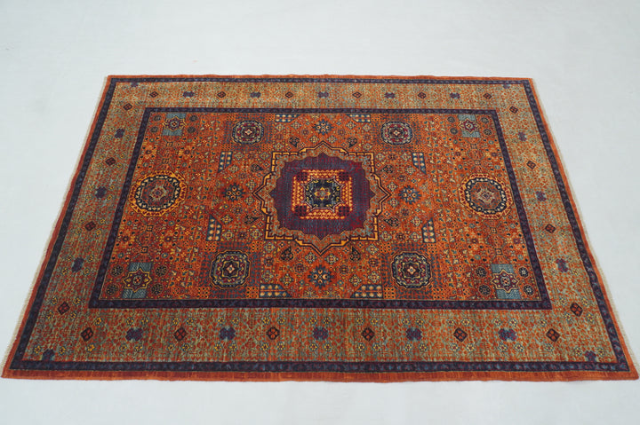 4x6 Orange Mamluk Turkish Hand Knotted Medallion Rug