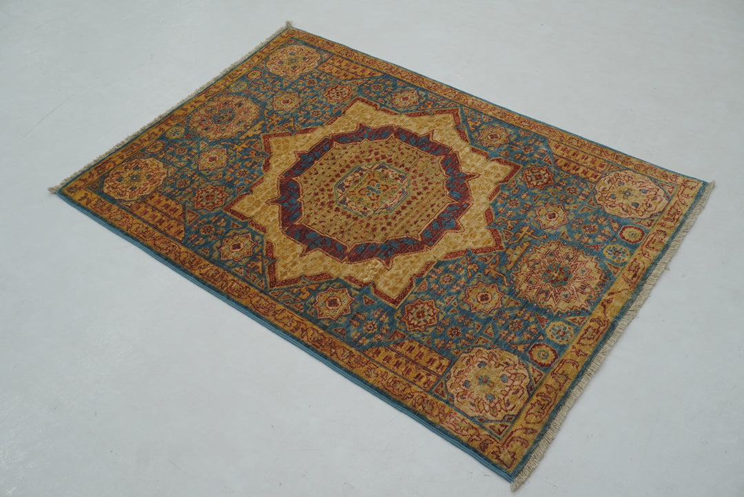 3x4 Blue Mamluk Hand knotted Turkish Medallion Rug