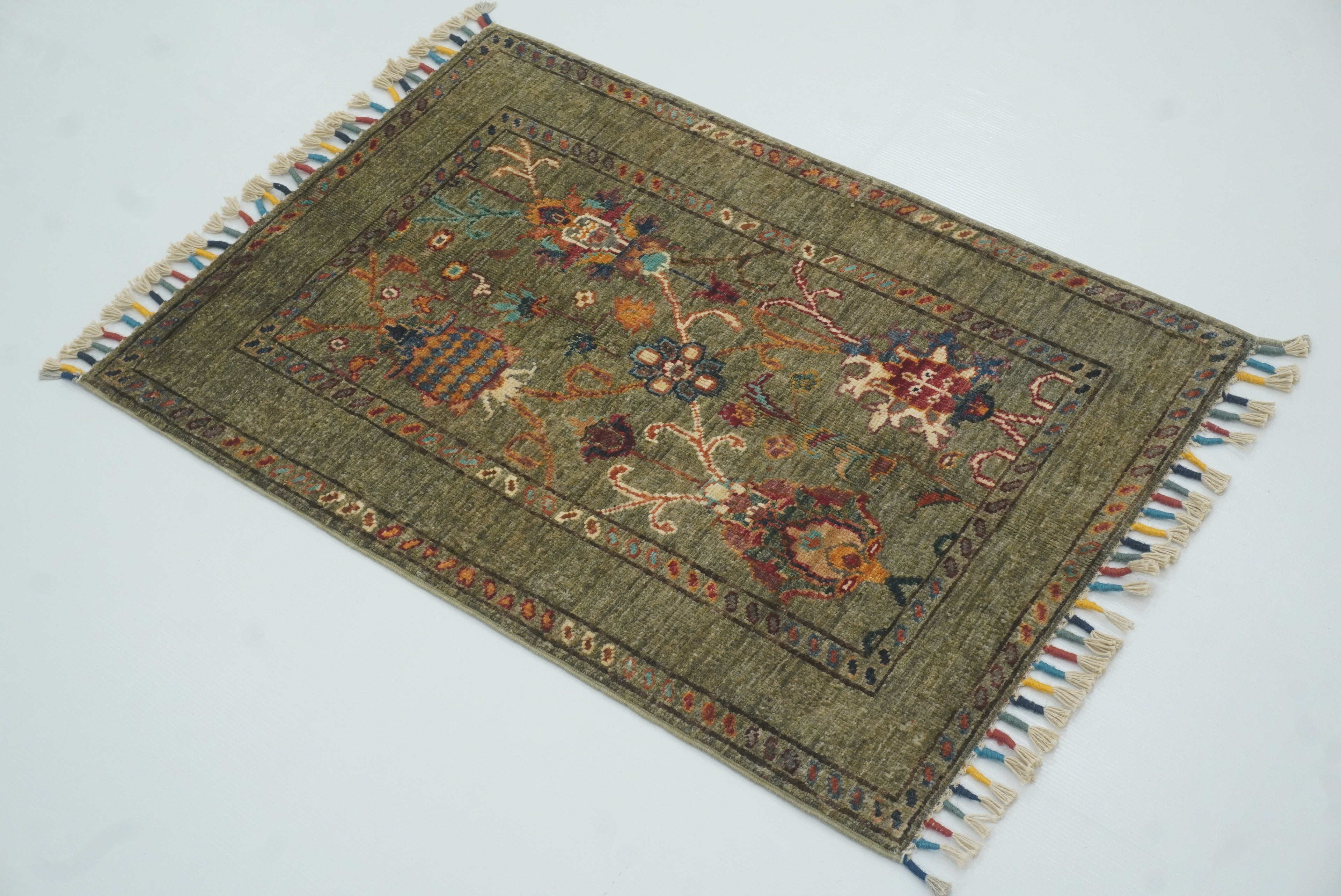 2x3 Green Afghan Waziri Hand Knotted Wool Rug - Yildiz Rugs