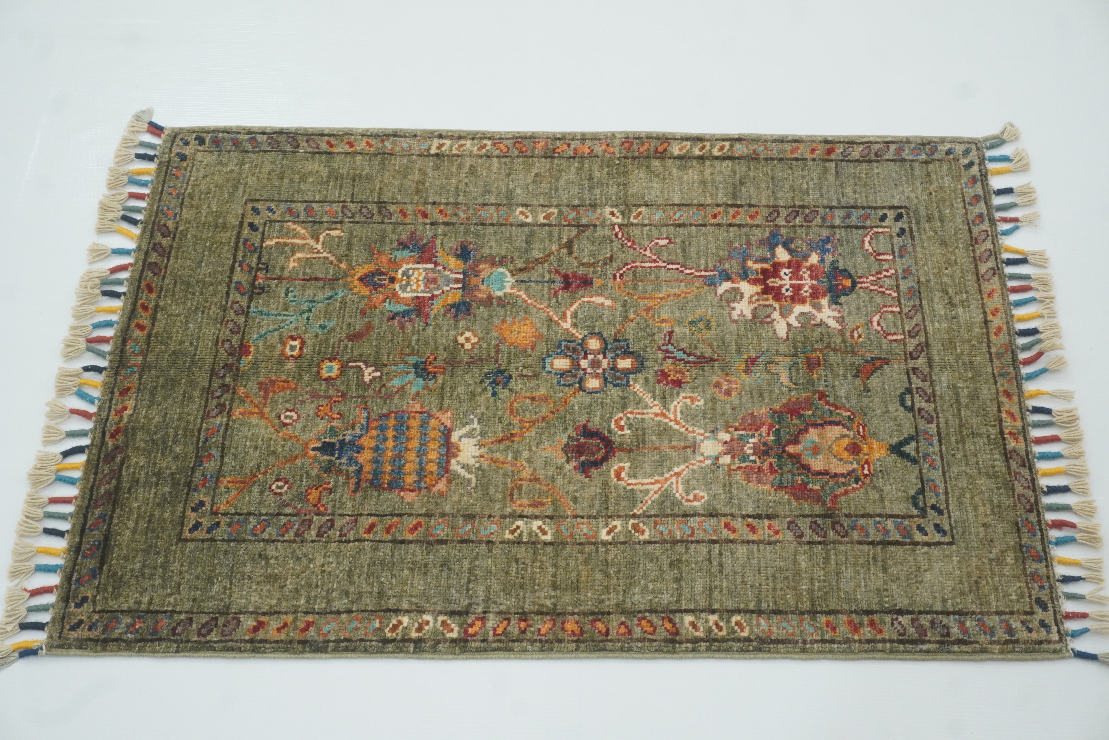 2x3 Green Afghan Waziri Hand Knotted Wool Rug - Yildiz Rugs
