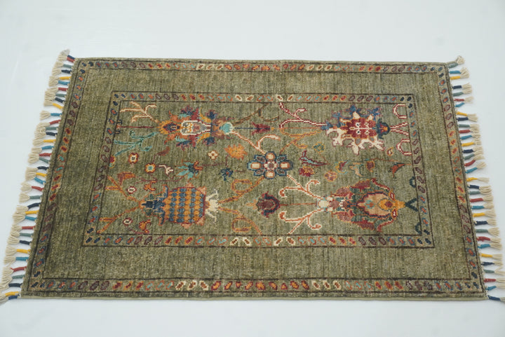 2x3 Green Afghan Waziri Hand Knotted Wool Rug - Yildiz Rugs