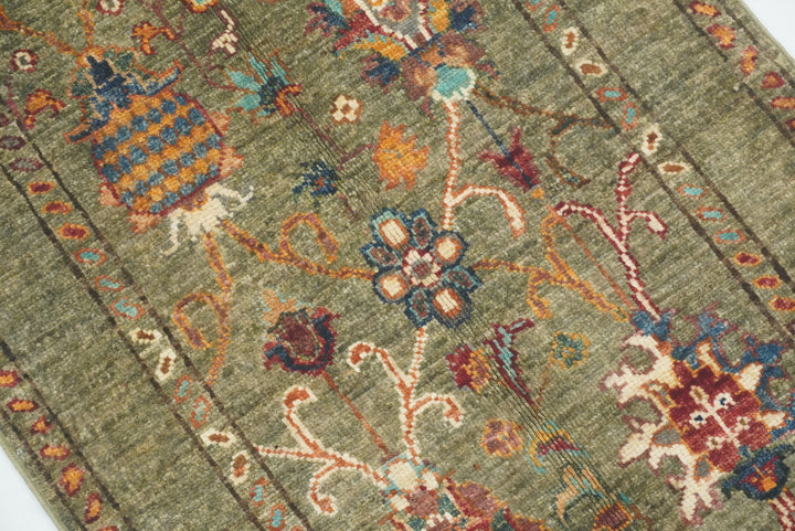 2x3 Green Afghan Waziri Hand Knotted Wool Rug - Yildiz Rugs