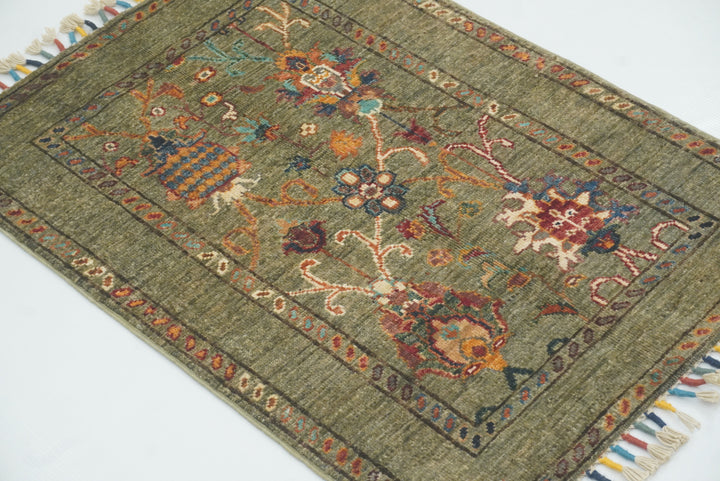 2x3 Green Afghan Waziri Hand Knotted Wool Rug - Yildiz Rugs
