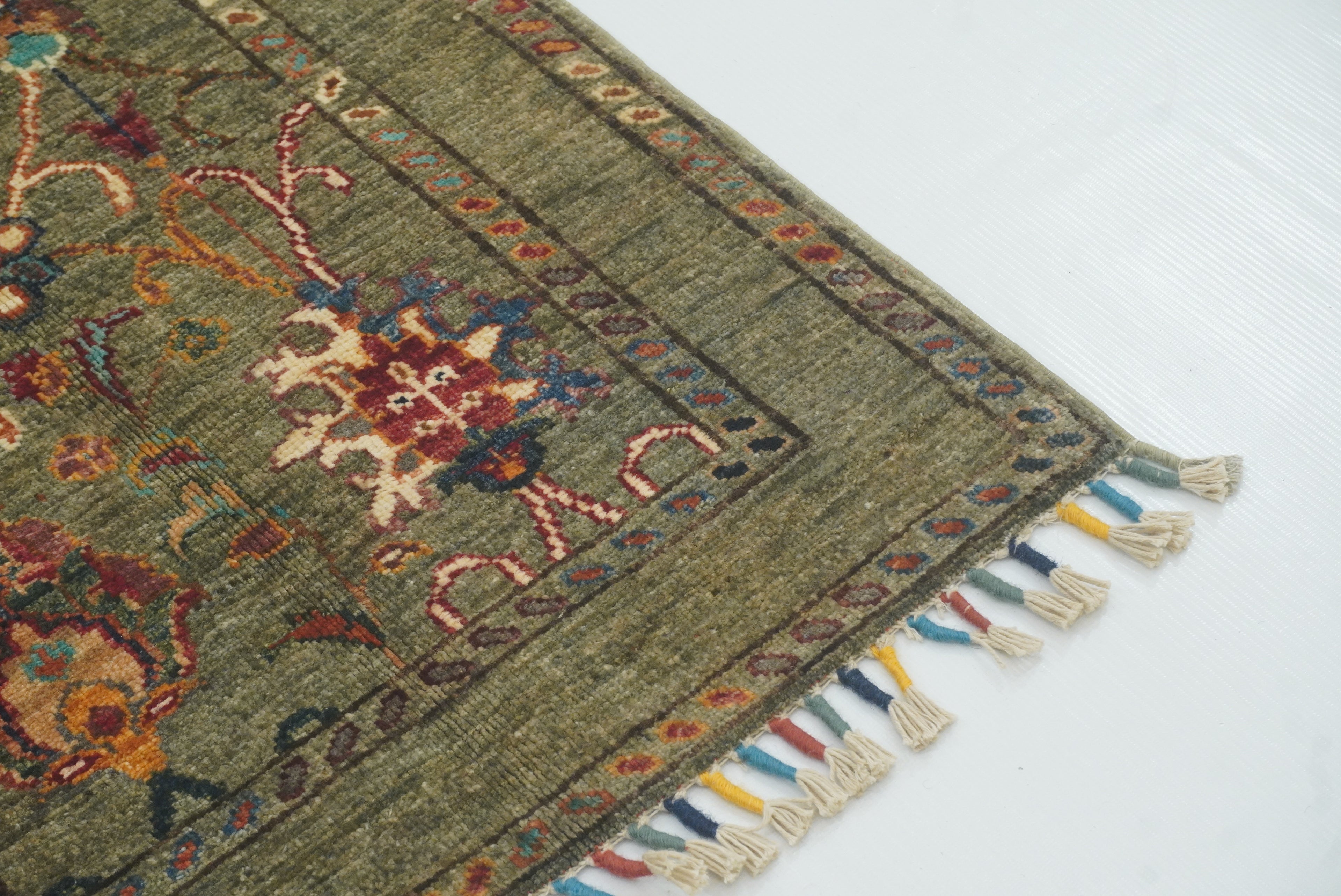2x3 Green Afghan Waziri Hand Knotted Wool Rug - Yildiz Rugs