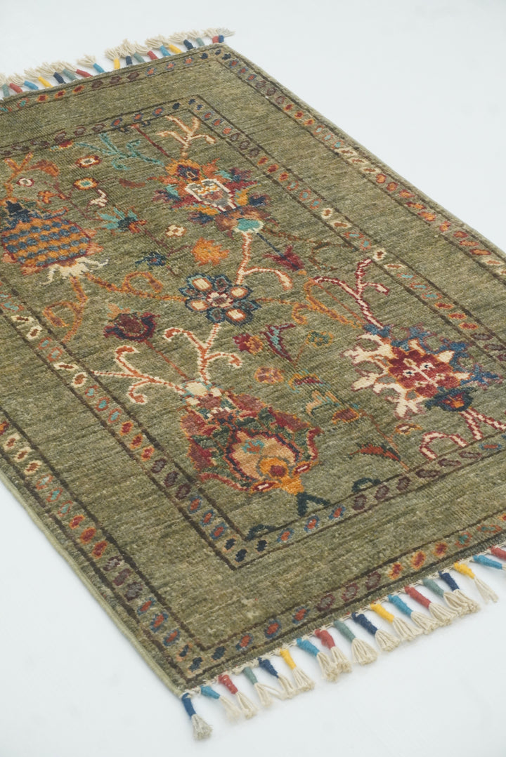 2x3 Green Afghan Waziri Hand Knotted Wool Rug - Yildiz Rugs