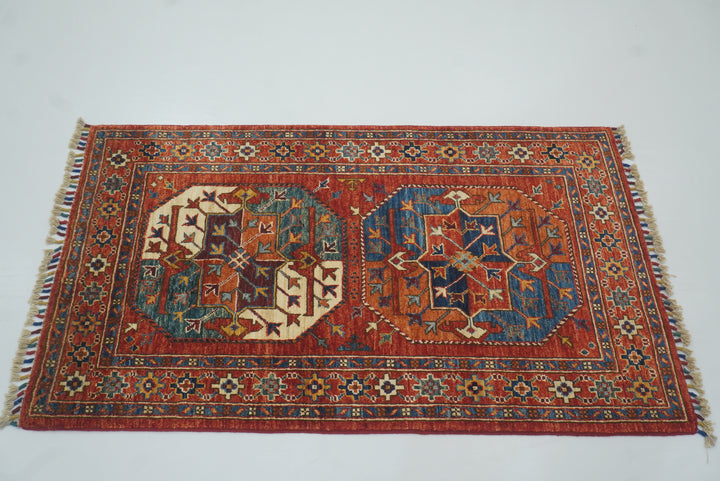 2'7"x4'6" Red Ersari Hand Knotted Afghan Wool Oriental Rug - Yildiz Rugs