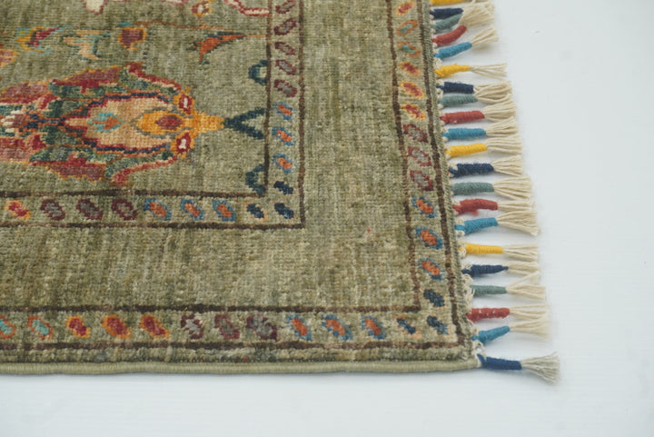 2x3 Green Afghan Waziri Hand Knotted Wool Rug - Yildiz Rugs