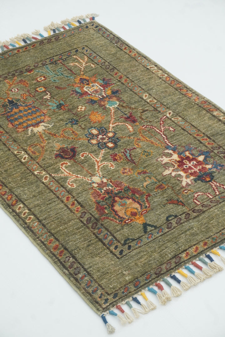 2x3 Green Afghan Waziri Hand Knotted Wool Rug - Yildiz Rugs