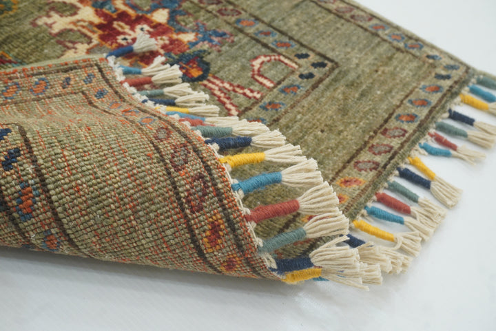2x3 Green Afghan Waziri Hand Knotted Wool Rug - Yildiz Rugs