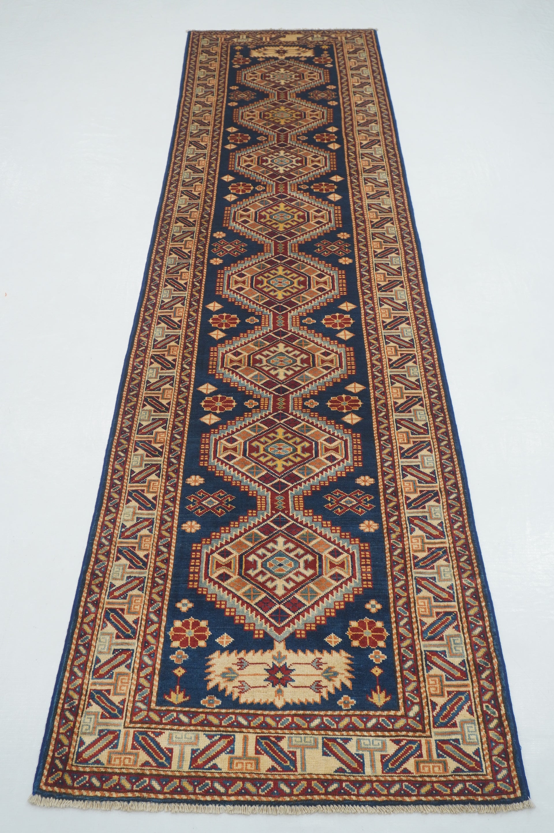 3 x 10 Ft Navy Blue Afghan Kazak Hand knotted Wool Runner Rug - Yildiz Rugs