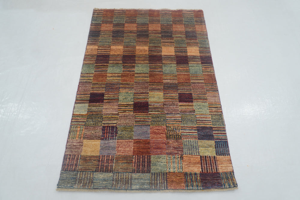 3x5 Gabbeh Check Weave Pattern Afghan Hand knotted Abstract Rug - Yildiz Rugs