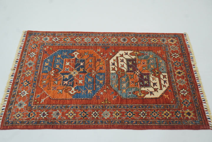 3x4 Red Ersari Hand Knotted Afghan Wool Oriental Rug - Yildiz Rugs