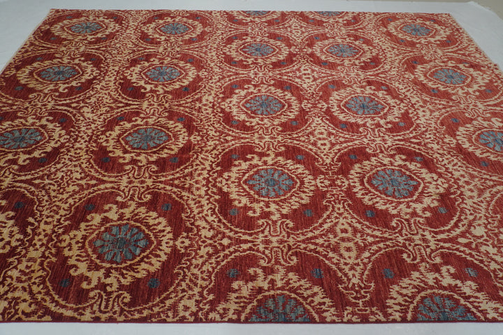 9x12 Red Ikat Afghan Hand knotted Geometric Rug