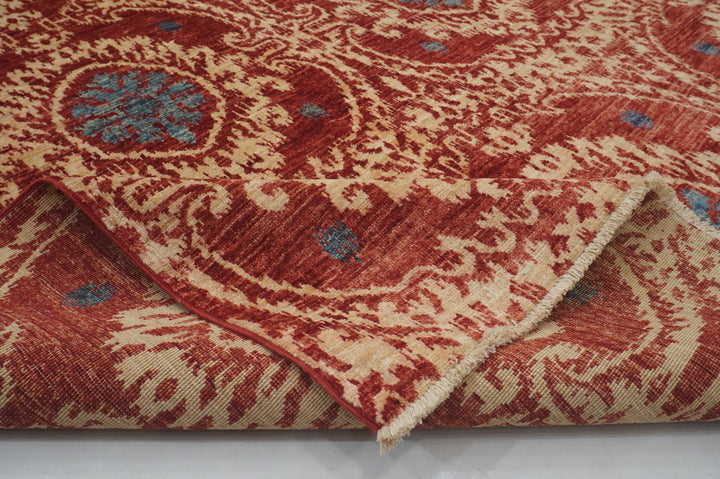 9x12 Red Ikat Afghan Hand knotted Geometric Rug