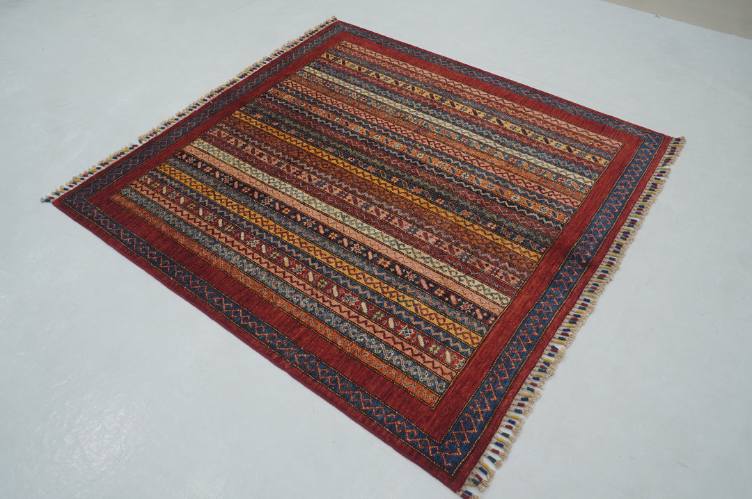 5x5 Red Turkish Square Shawl Hand knotted Rug