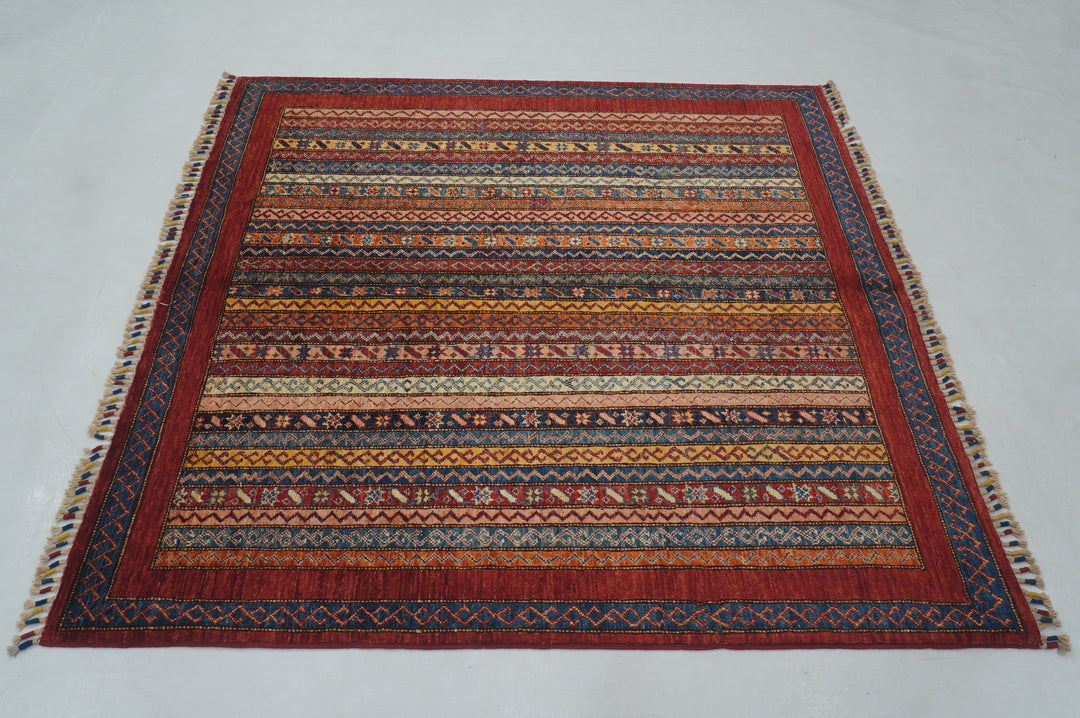 5x5 Red Turkish Square Shawl Hand knotted Rug