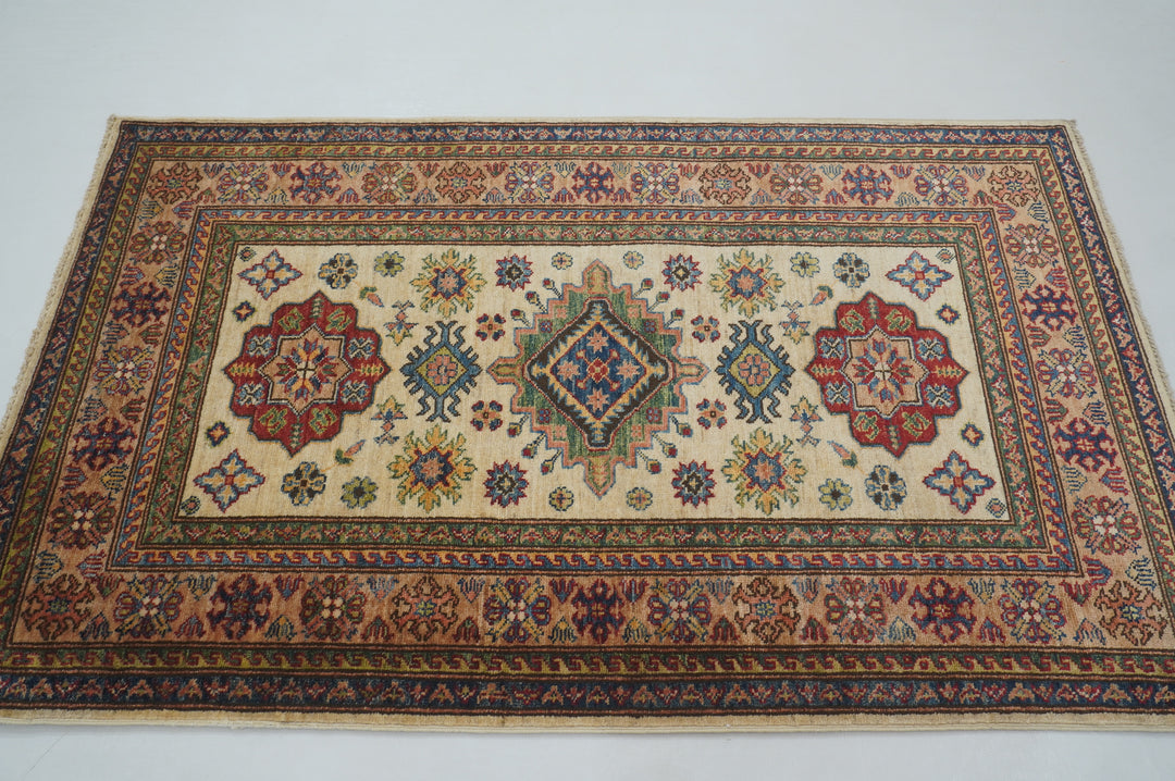 3x5 Beige Afghan Kazak Hand knotted Rug - Yildiz Rugs