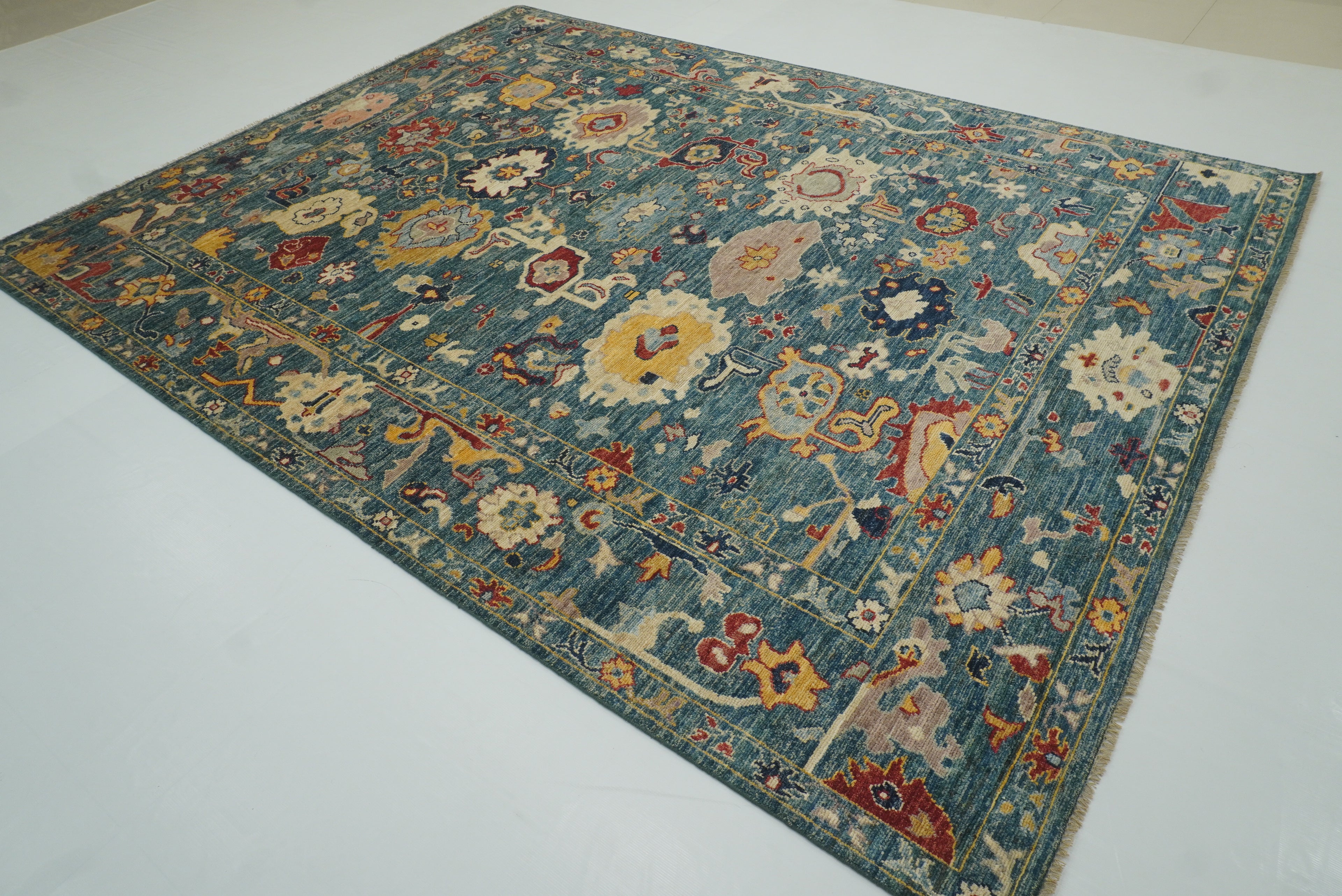 9x12 Teal Blue Oushak Hand-Knotted Turkish Rug - Yildiz Rugs