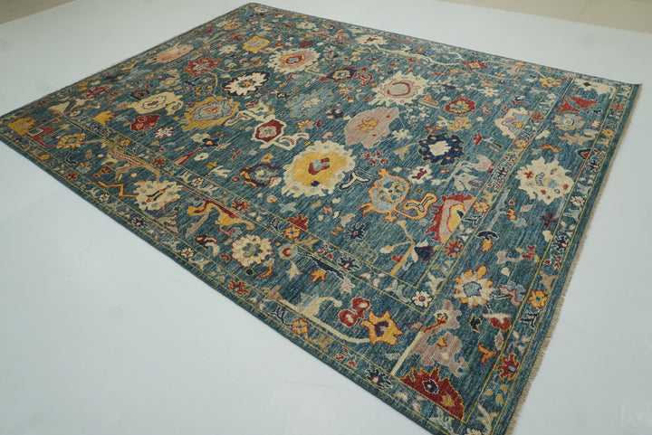 9x12 Teal Blue Oushak Hand-Knotted Turkish Rug - Yildiz Rugs