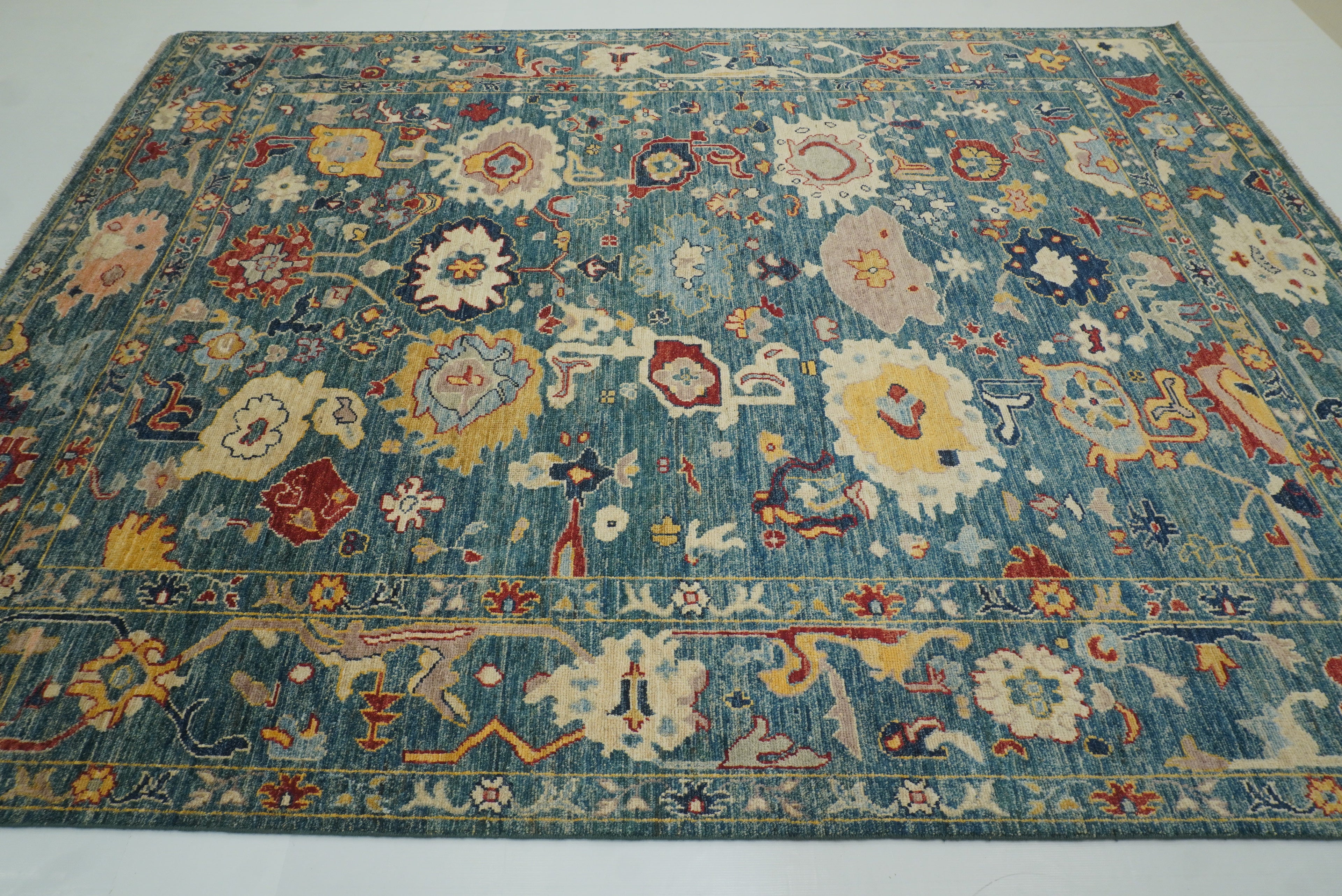 9x12 Teal Blue Oushak Hand-Knotted Turkish Rug - Yildiz Rugs