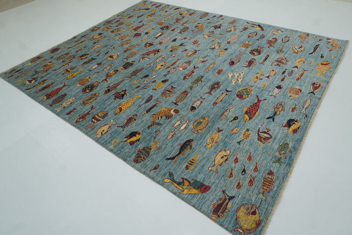 8x10 Blue Fish Gabbeh Hand-Knotted Afghan Wool Area Rug - Yildiz Rugs