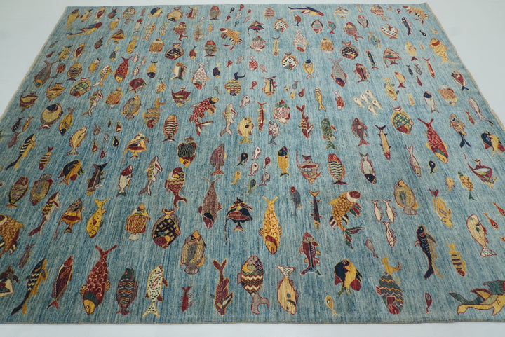 8x10 Blue Fish Gabbeh Hand-Knotted Afghan Wool Area Rug - Yildiz Rugs
