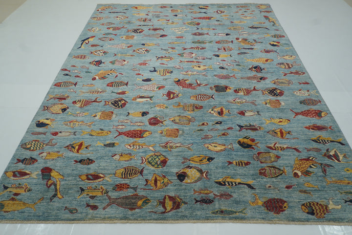 8x10 Blue Fish Gabbeh Hand-Knotted Afghan Wool Area Rug - Yildiz Rugs