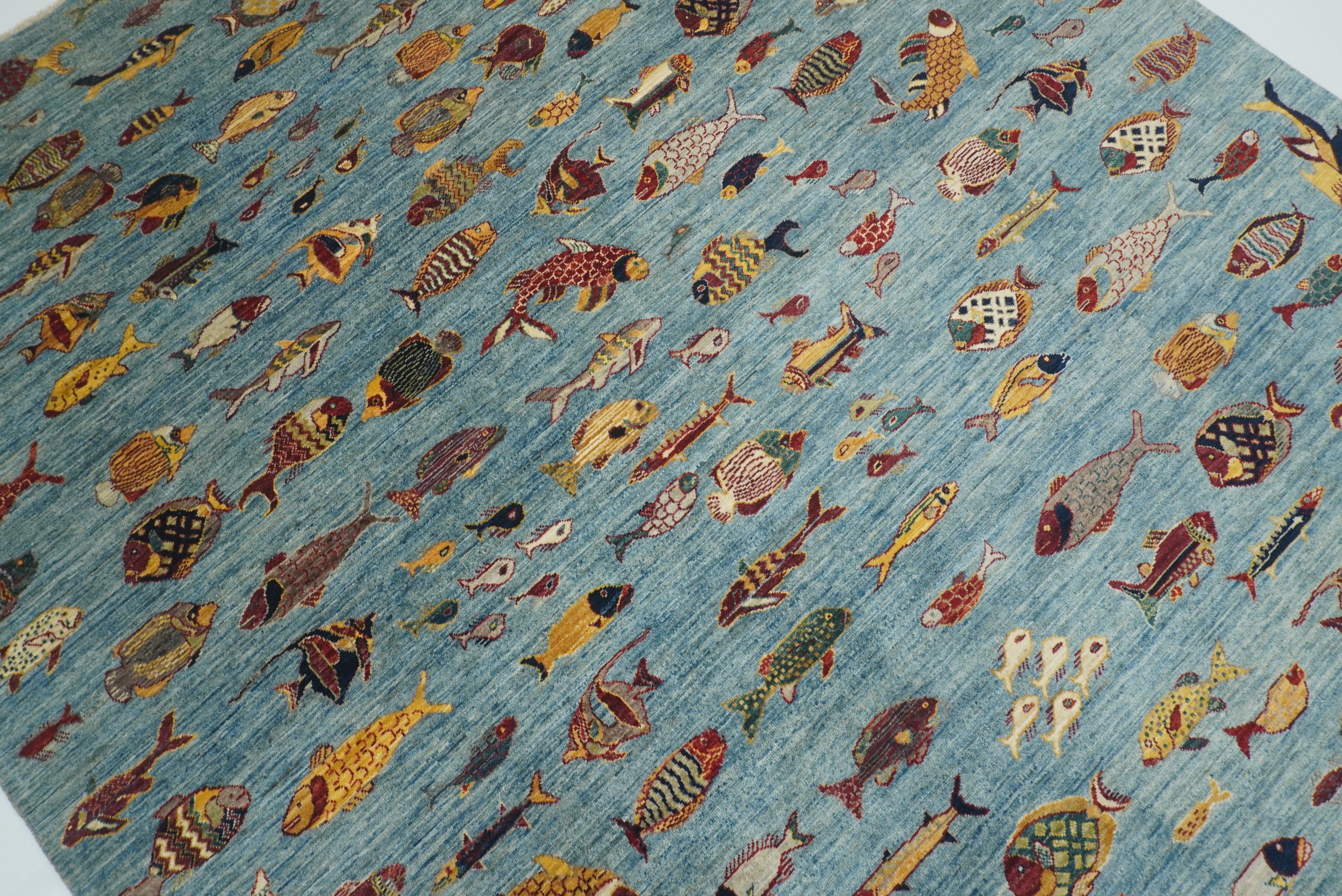8x10 Blue Fish Gabbeh Hand-Knotted Afghan Wool Area Rug - Yildiz Rugs