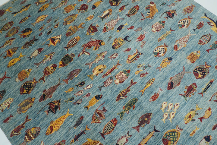 8x10 Blue Fish Gabbeh Hand-Knotted Afghan Wool Area Rug - Yildiz Rugs