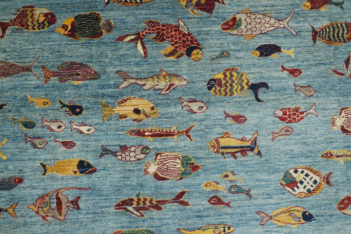 8x10 Blue Fish Gabbeh Hand-Knotted Afghan Wool Area Rug - Yildiz Rugs